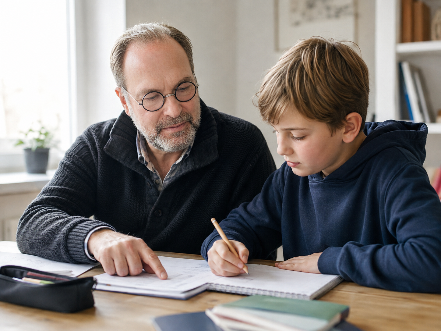 Nachhilfelehrer Stefan Gerling erklärt einem Schüler am Schreibtisch eine Aufgabe