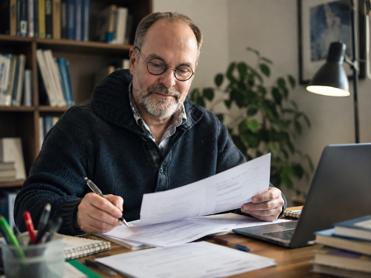 Stefan Gerling prüft am Schreibtisch Unterlagen zum AufTrab LernCheck